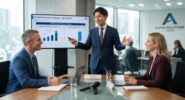 流暢に身振り手振り英語を話す日本のビジネスマン