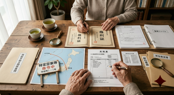 机の上で家の書類を整理する手元、地図、権利証、見積書が並んでいる