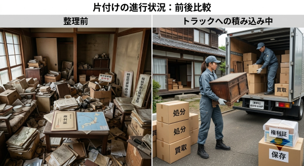 作業服を着た業者が古い家の不用品をトラックに積み込む