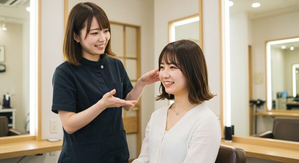 美容院で楽しそうにオーダーする抜毛癖の女性