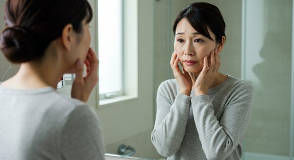 鏡に映る、ファンデーションでも隠しきれない肌のくすみ